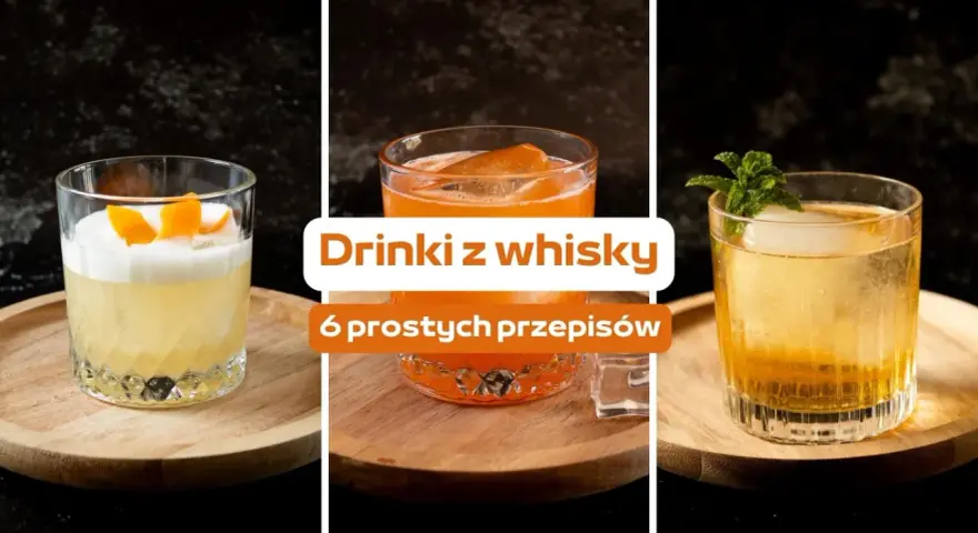 Trzy drinki z whisky: jeden z pianką i skórką pomarańczy, drugi pomarańczowy z lodem, trzeci złoty z miętą.
