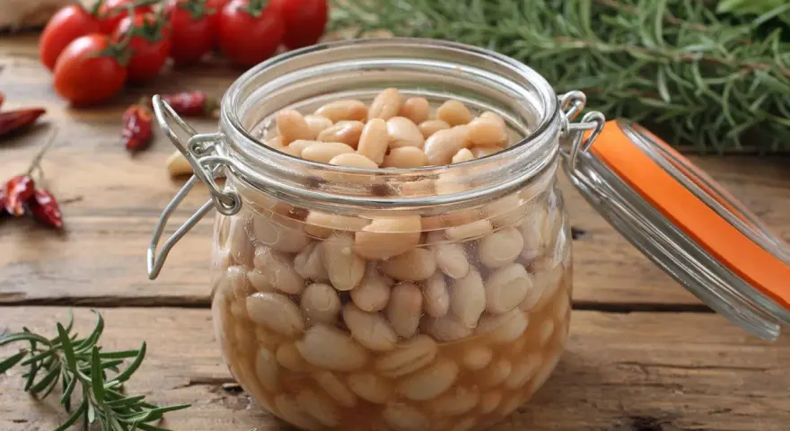 Ein Glas mit dicken Bohnen, bereit zum Einkochen, steht auf einem Holztisch. Daneben liegen Rosmarin, Tomaten und getrocknete Chilis.