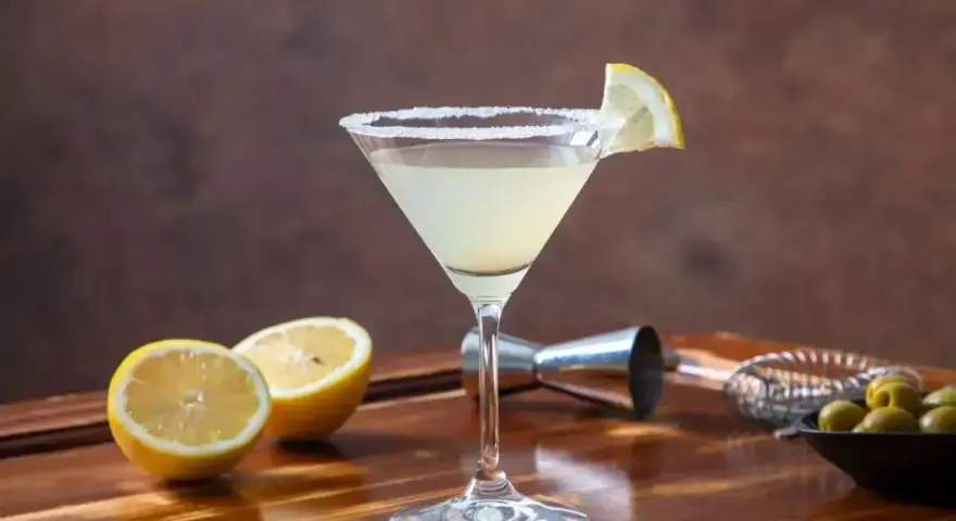 Orzeźwiający martini ze spritem, ozdobiony plasterkiem cytryny i obsypany cukrem. Obok leżą połówki cytryn i oliwki.