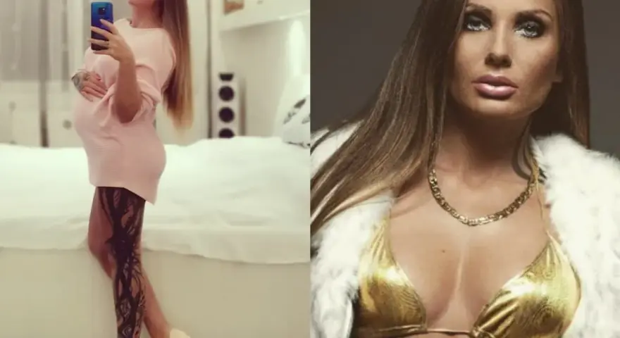 Schwesta Ewa w różowej sukience i z tatuażem na nodze, obok w złotym bikini i białym futrze.