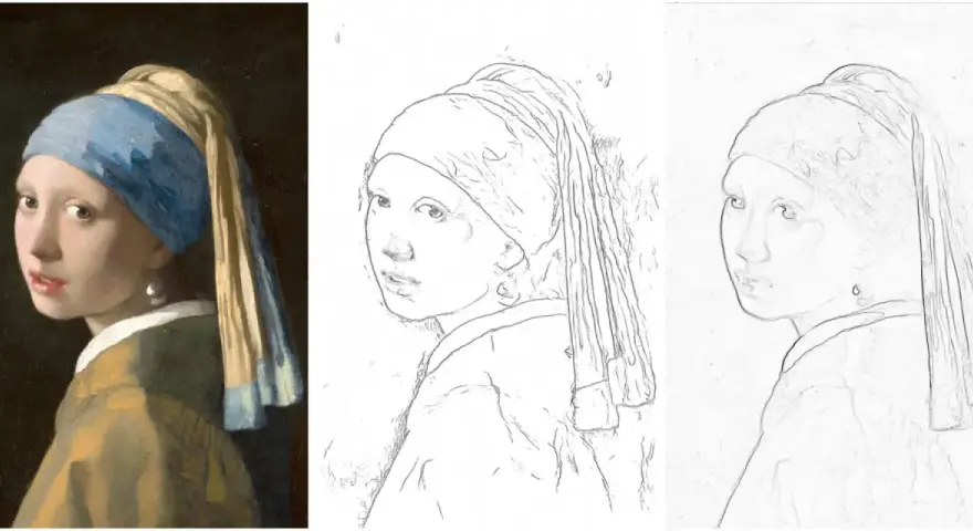 Retrato con líneas de la joven de la perla, mostrando la obra original y dos interpretaciones en boceto.