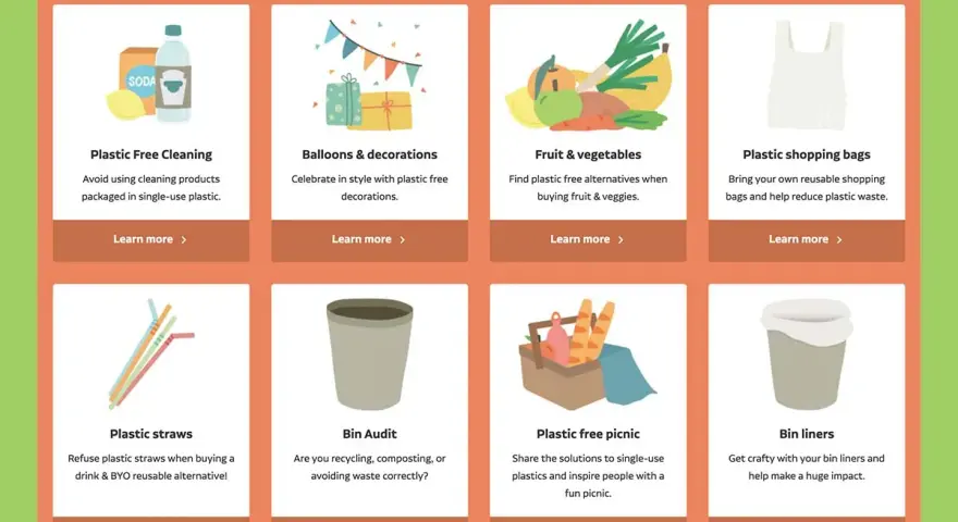 Eight cards offer tips for reducing plastic waste, from cleaning supplies to bin liners, promoting alternatives to heavy duty plastic.