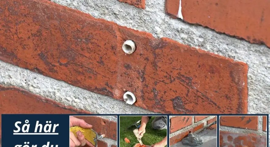 Så här lagar du mur utomhus. Bilden visar steg för att laga en tegelvägg utomhus, med fokus på att reparera sprickor och fogar.