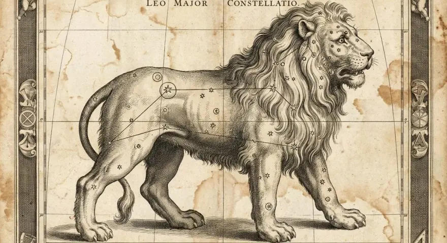 Lew Major Constellatio, z gwiazdami tworzącymi jego sylwetkę. Lew, jako znak zodiaku, symbolizuje ogień, siłę i odwagę.