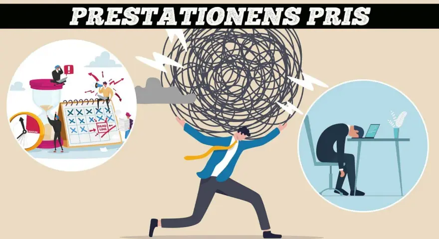 En man kämpar med en stor boll av trassel, symboliserande stress. Till vänster syns en kalender med deadlines och en timglas. Till höger en utmattad person vid en dator. Bilden illustrerar hur **social fobi jobb** kan leda till överväldigande press.