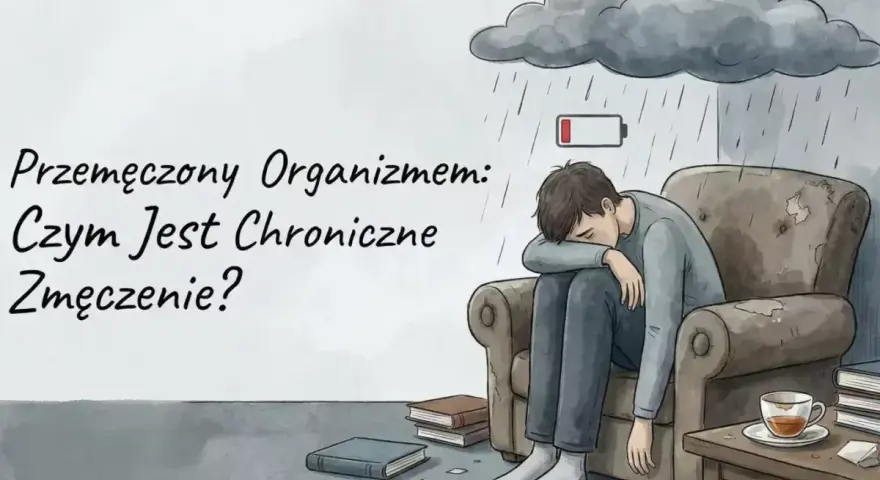 Chłopak siedzi przygnębiony w fotelu pod deszczową chmurą z ikoną rozładowanej baterii. To obraz objawów przemęczenia.