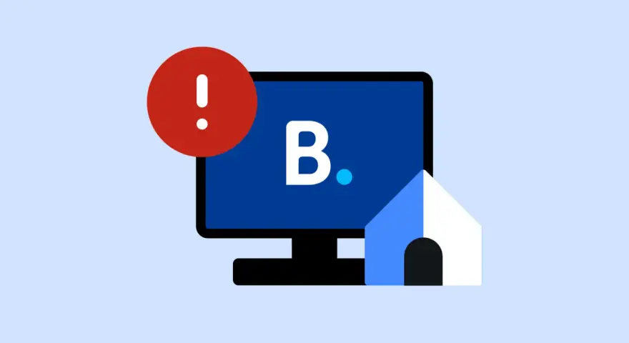 Alerta de posibles reservas falsas en Booking. Un monitor muestra la letra B y una casa estilizada, con un signo de exclamación rojo.