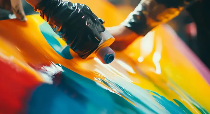 Hands in black gloves apply vibrant acrylic paint to a glossy surface, demonstrating how to paint acrylic plastic with a fluid art technique.