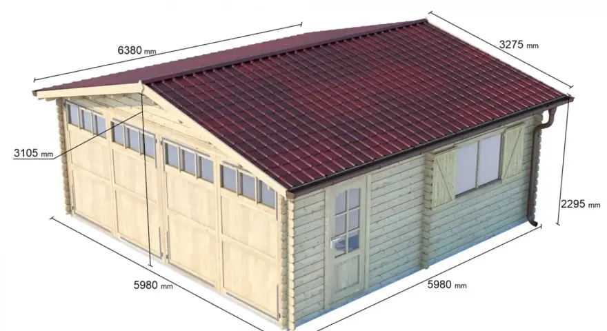 Struttura in legno con tetto rosso, ideale per un garage doppio. Dimensioni: 6380x5980 mm, altezza 3275 mm.