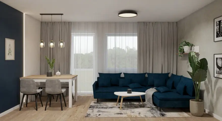 Nowoczesny salon z granatową kanapą i jadalnią. Dowiedz się, jak rozmieścić oświetlenie w salonie, by stworzyć przytulną atmosferę.