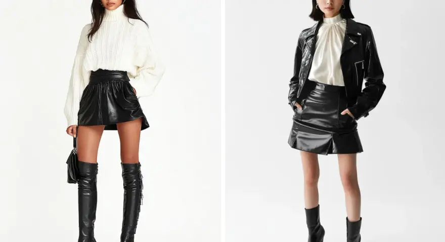 Dos modelos lucen un conjunto de camisa y falda corta de cuero negro. Una lleva un jersey blanco de cuello alto y botas altas. La otra, una chaqueta de cuero y botines.