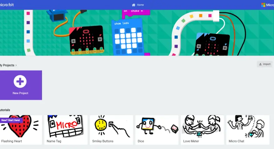 Strona główna micro:bit. Zobacz, jak zrobic bit, tworząc nowy projekt lub korzystając z samouczków, np. "Migające serce".