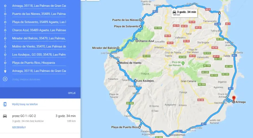 Trasa na Gran Canarii, gdzie jest Arinaga, prowadzi przez malownicze wybrzeże i góry, zajmując 3h 34 min.