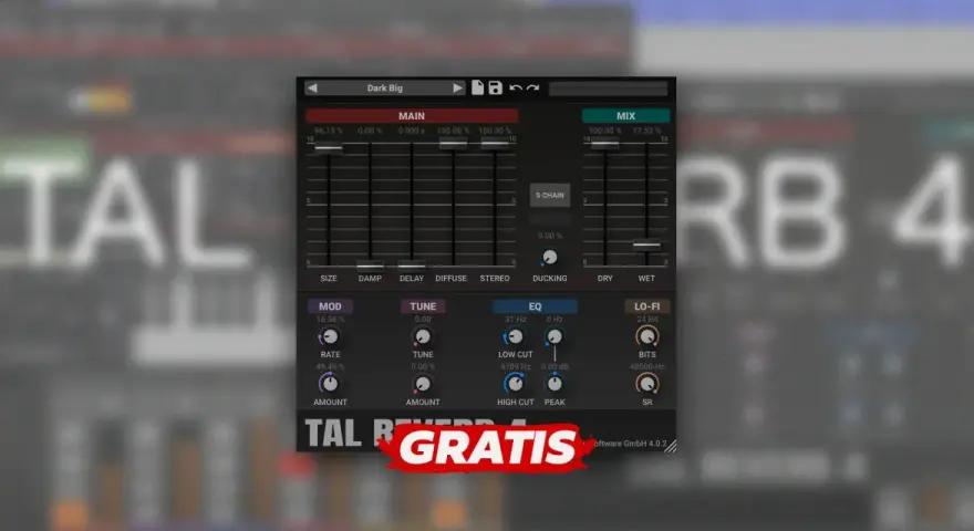 Interfejs wtyczki TAL Reverb 4 z suwakami i pokrętłami do kształtowania dźwięku. Napis "GRATIS" na czerwonym tle.