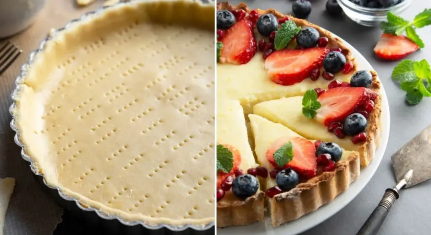 Base de masa quebrada lista para hornear y tarta de frutas frescas. Ideas para recetas con masa quebrada.