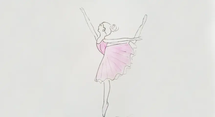 Delikatny rysunek baletnicy w różowej tutu, w pozie arabesque.