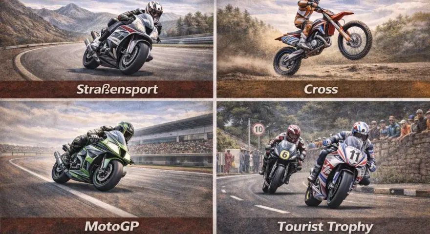Quattro scene di corse di motociclistiche: sport su strada, cross, MotoGP e Tourist Trophy.