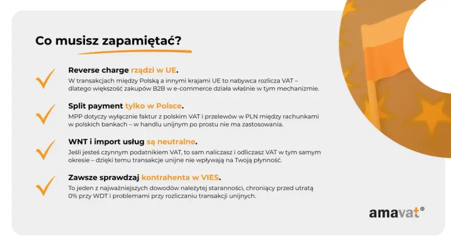Co musisz zapamiętać? Reverse charge w UE, split payment tylko w Polsce. WNT i import usług neutralne. Zawsze sprawdzaj kontrahenta w VIES.