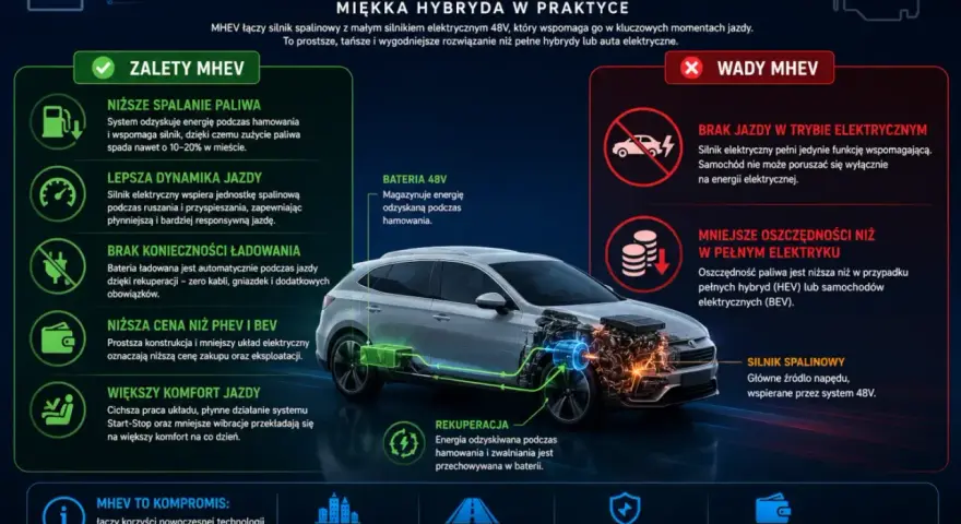 Miękka hybryda (MHEV) to kompromis: silnik spalinowy wspierany przez elektryczny 48V. Niższe spalanie, lepsza dynamika, brak ładowania. Idealna do miasta.