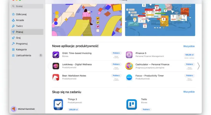 Ekran aplikacji Mac z sekcją "Pracuj", gdzie można znaleźć programy do produktywności. Jeśli chcesz dowiedzieć się, jak odinstalować aplikacje, szukaj ich tutaj.