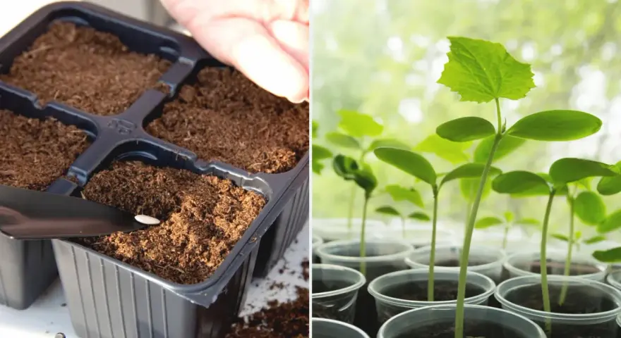 Siew ogórków z rozsady: ręka z nasionami nad doniczką i młode sadzonki w plastikowych kubeczkach.