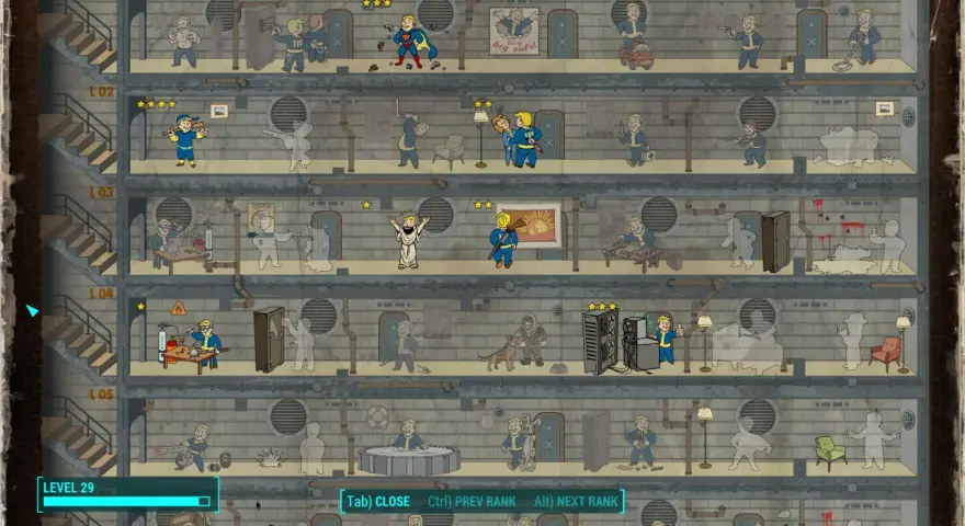 Habitantes de un refugio de Fallout 4, algunos con habilidades especiales, como un superhéroe y un santo.