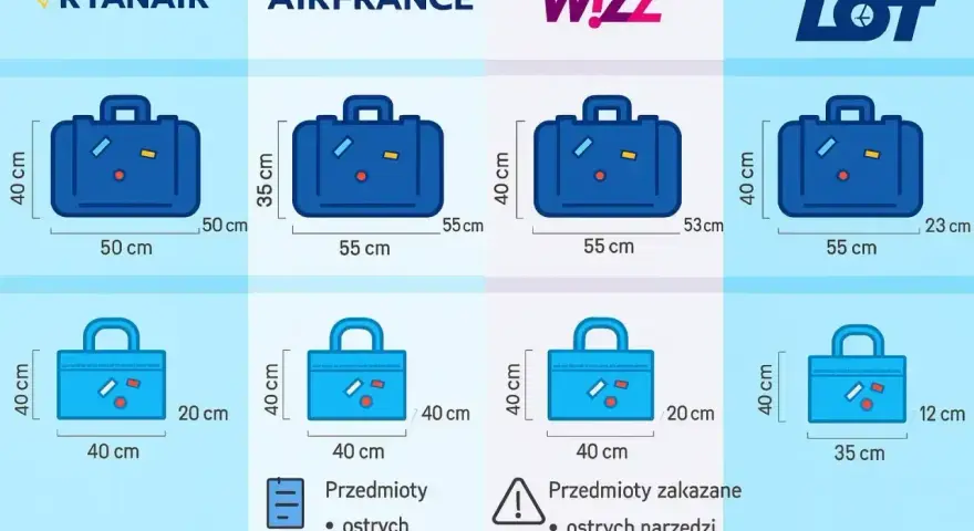 Porównanie wymiarów bagażu podręcznego Ryanair, Air France, Wizz Air i LOT. Sprawdź, jaki bagaż podręczny możesz zabrać na pokład.
