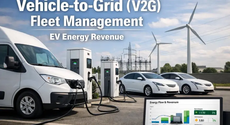 Elektryczne samochody i van podłączone do ładowarek, w tle wiatraki i linie energetyczne. To przyszłość telematyki w transporcie i zarządzania flotą EV.