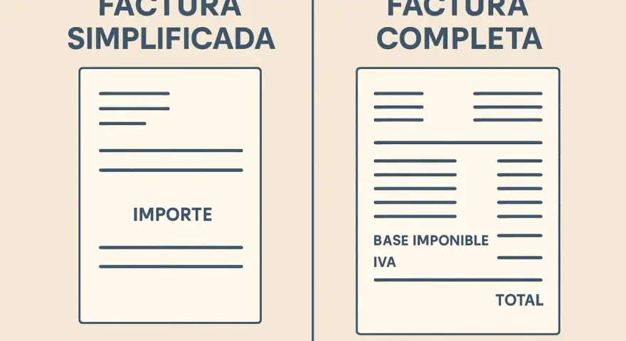 Comparación visual: factura simplificada o ticket con solo importe, frente a factura completa con base imponible, IVA y total.