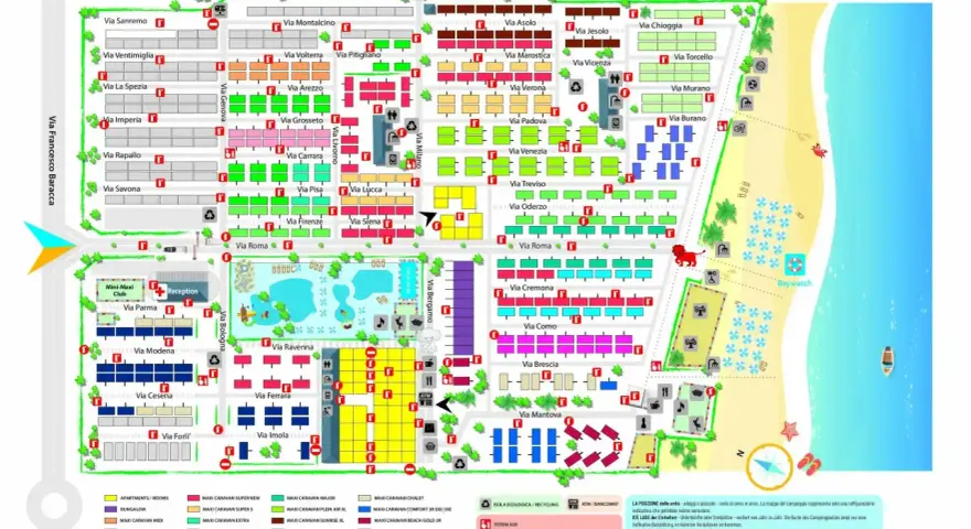 Mapa **camping residence village** z podziałem na ulice i rodzaje zakwaterowania, z widokiem na plażę i morze.