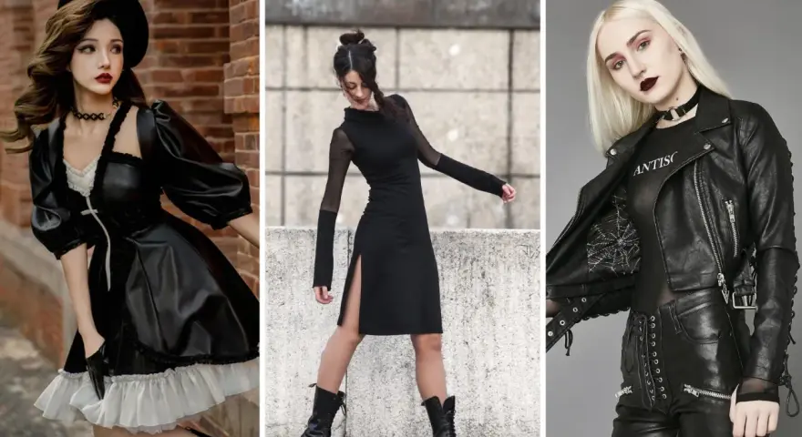 Trois femmes arborent un style gothique moderne : une en robe victorienne noire et blanche, une en robe noire fendue et résille, et une en perfecto, t-shirt résille et pantalon lacé.