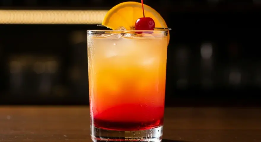 En klassisk tequila sunrise med lager av rött och orange, garnerad med apelsinskiva och körsbär.