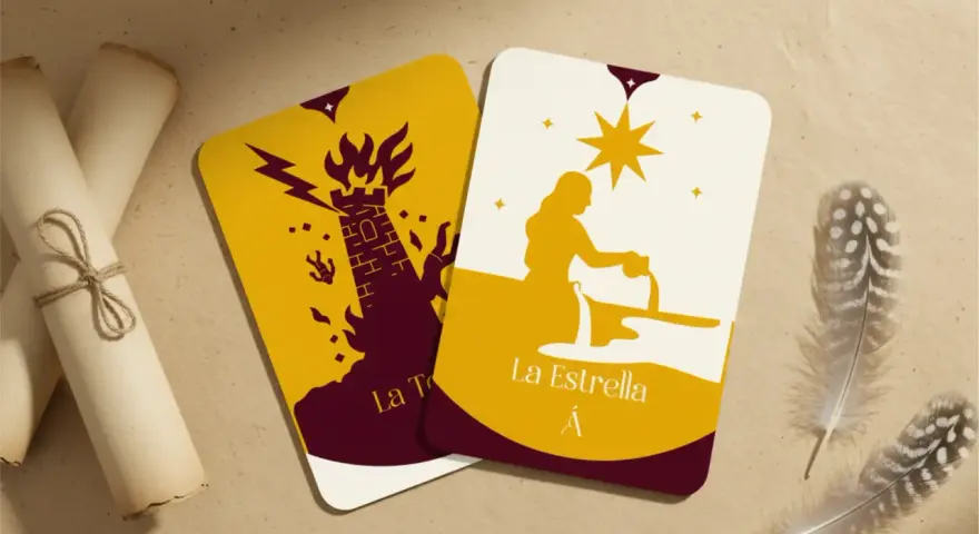 Dos cartas de tarot: La Torre en llamas y La Estrella vertiendo agua.