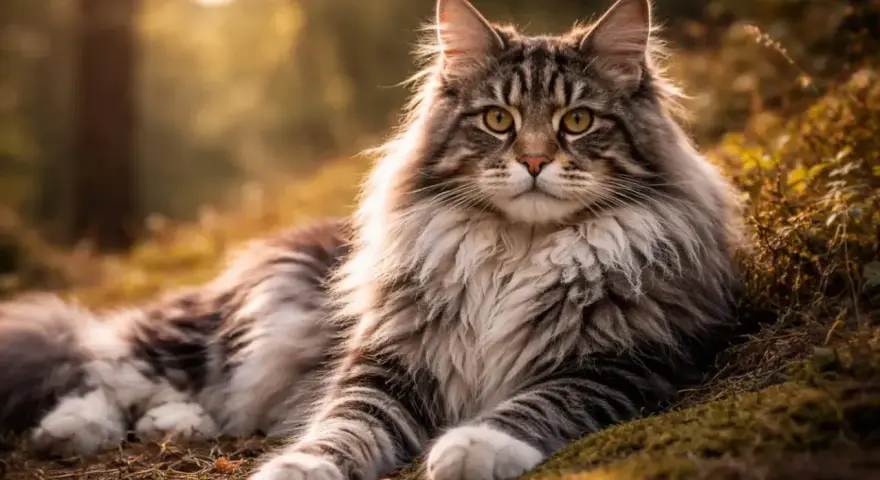 Majestatyczny kot rasy Maine Coon, z bujną grzywą i puszystym ogonem, leży w jesiennym lesie. Jego charakterystyka to łagodność i przyjazność.