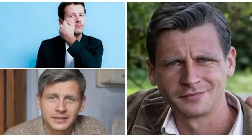 Trzy ujęcia Patryka Szwichtenberga: w garniturze na niebieskim tle, w swetrze i w brązowej kurtce na tle natury.