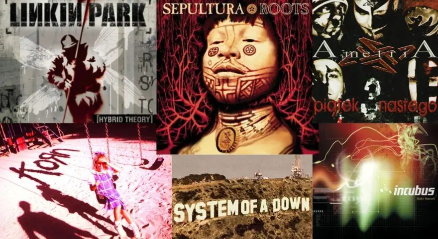 Okładki płyt Linkin Park, Sepultura, Amenra, Korn, System of a Down, Incubus. To jest właśnie nu metal co to za gatunek muzyczny.
