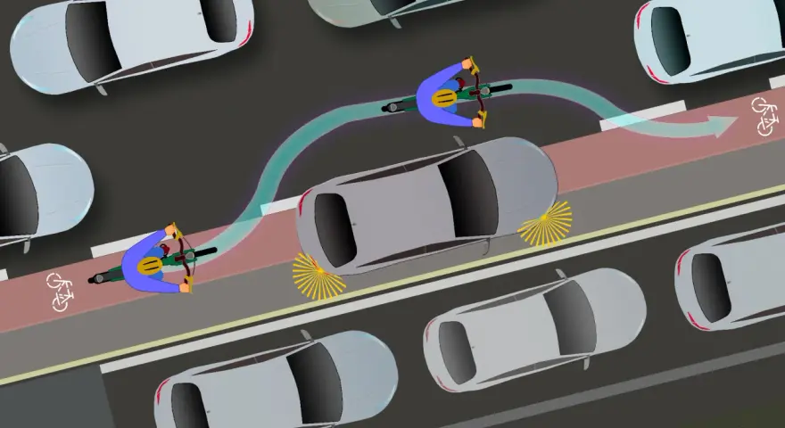 Radfahrer nutzen den Radweg, während Autos im **Parken in zweiter Reihe** den Verkehr behindern.