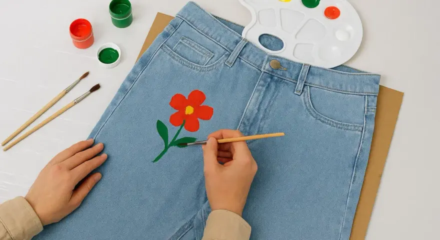 En person målar en röd blomma med gul mitt på ett par ljusblå jeans. Penslar, färger och en palett ligger bredvid.
