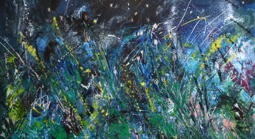 Une interprétation vibrante de la nuit étoilée, avec des touches de jaune et de bleu rappelant l'analyse de Van Gogh. La texture tourbillonnante évoque le mouvement des étoiles.