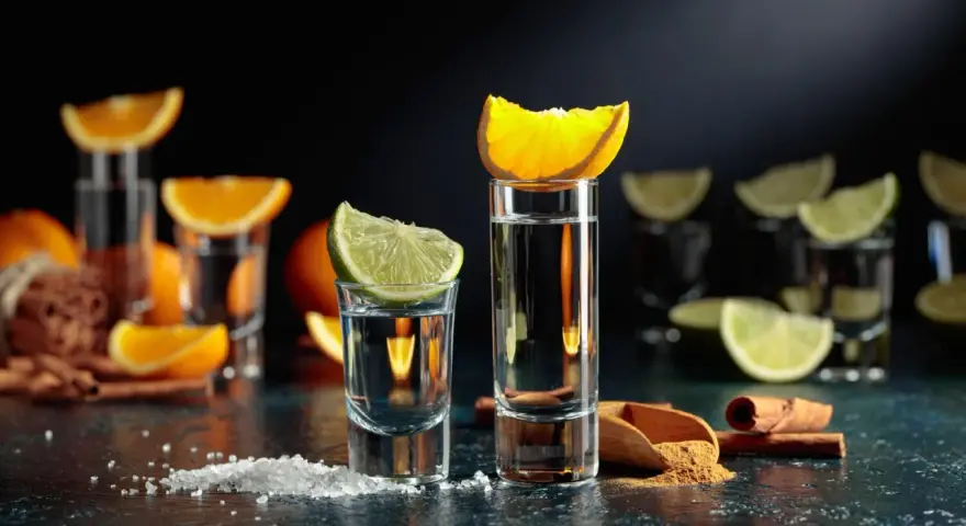 Zwei Tequila-Gläser mit Limette und Orange, bereit für die Tequila-Reihenfolge. Salz und Zimt liegen daneben.