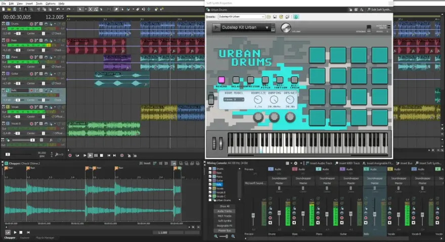 W programie Sonic Foundry ACID tworzę utwór z bębnami Urban Drums, basem i gitarą.