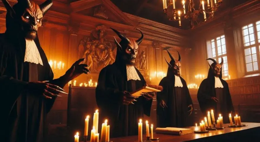 Cztery diabły w togach sądowych stoją przy stole, otoczone płonącymi świecami.