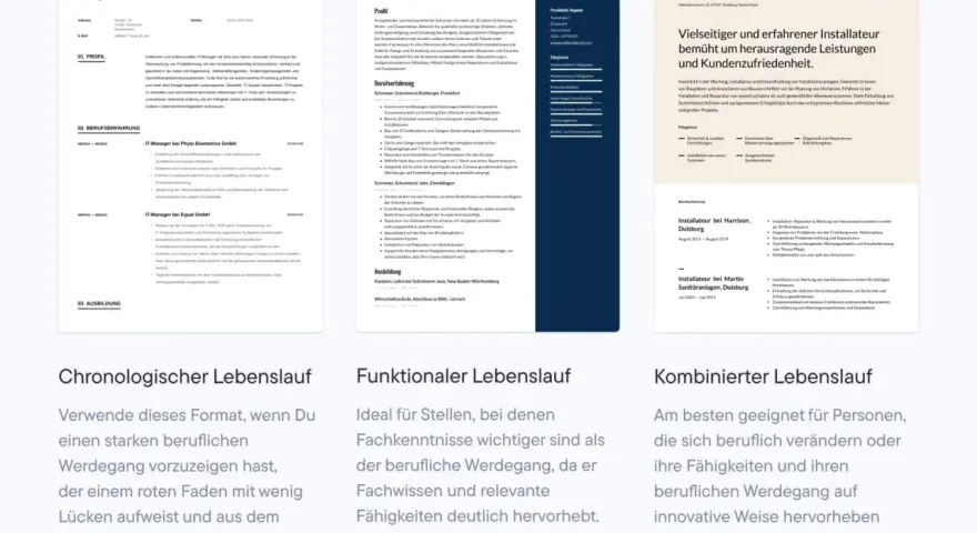 Lebenslauf-Vorlagen: Chronologisch, funktional, kombiniert. Ideal für Berufseinsteiger und Werkstudenten.