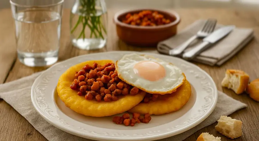 Dos tortos asturianos con chorizo y huevo frito, acompañados de pan y un vaso de agua.