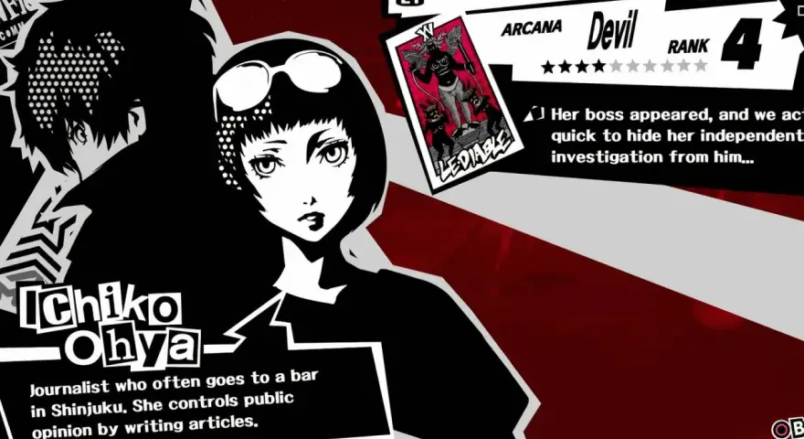 Ichiko Ohya, confidant de Persona 5 Royal, periodista de Shinjuku. Su tarot es el Diablo, rango 4.