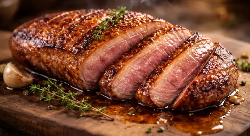 Un magret de canard au four, tranché, avec une croûte dorée et une chair rosée, servi sur une planche en bois avec du thym et de l'ail.