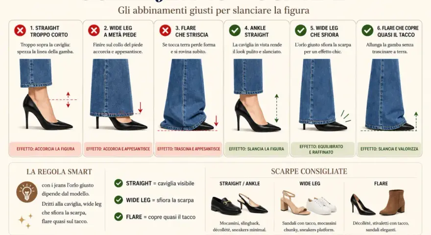 Guida jeans e scarpe: scopri fino a che numero arrivano le scarpe per slanciare la figura, con consigli su orli e modelli.