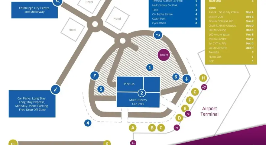 Mapa lotniska Edynburg. Pokazuje drogi, parkingi, transport publiczny i dojazd do centrum miasta.