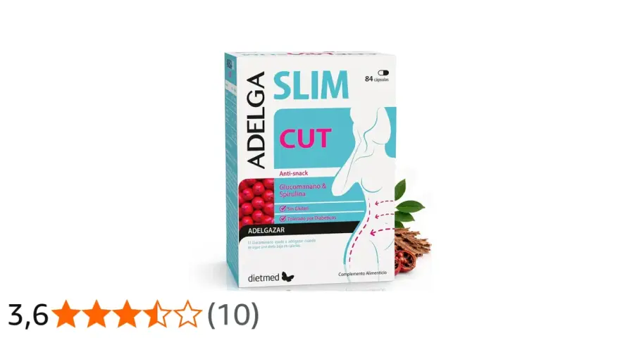 Caja de Adelga Slim Cut, un complemento alimenticio con glucomanano y espirulina para ayudar a adelgazar.
