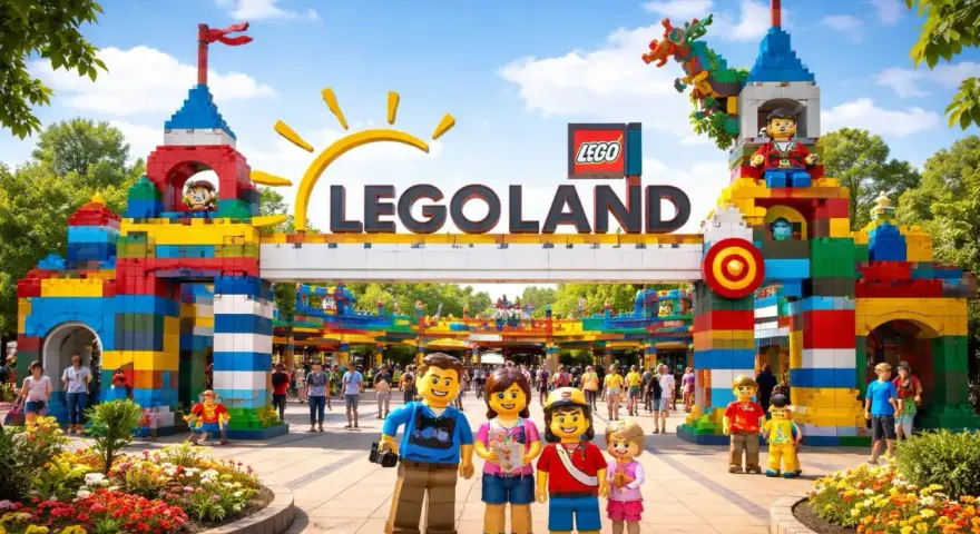 Rodzina na tle bramy Legolandu, gotowa na wycieczkę promem. Kolorowe budowle z klocków LEGO i uśmiechnięte postacie zapraszają do zabawy.